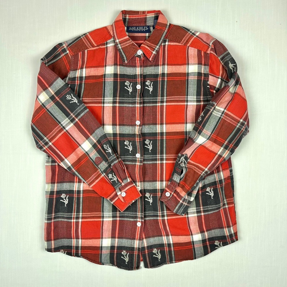 Jane Ashley Womens Red Plaid Embroidered Cotton Button Down Shirt Large